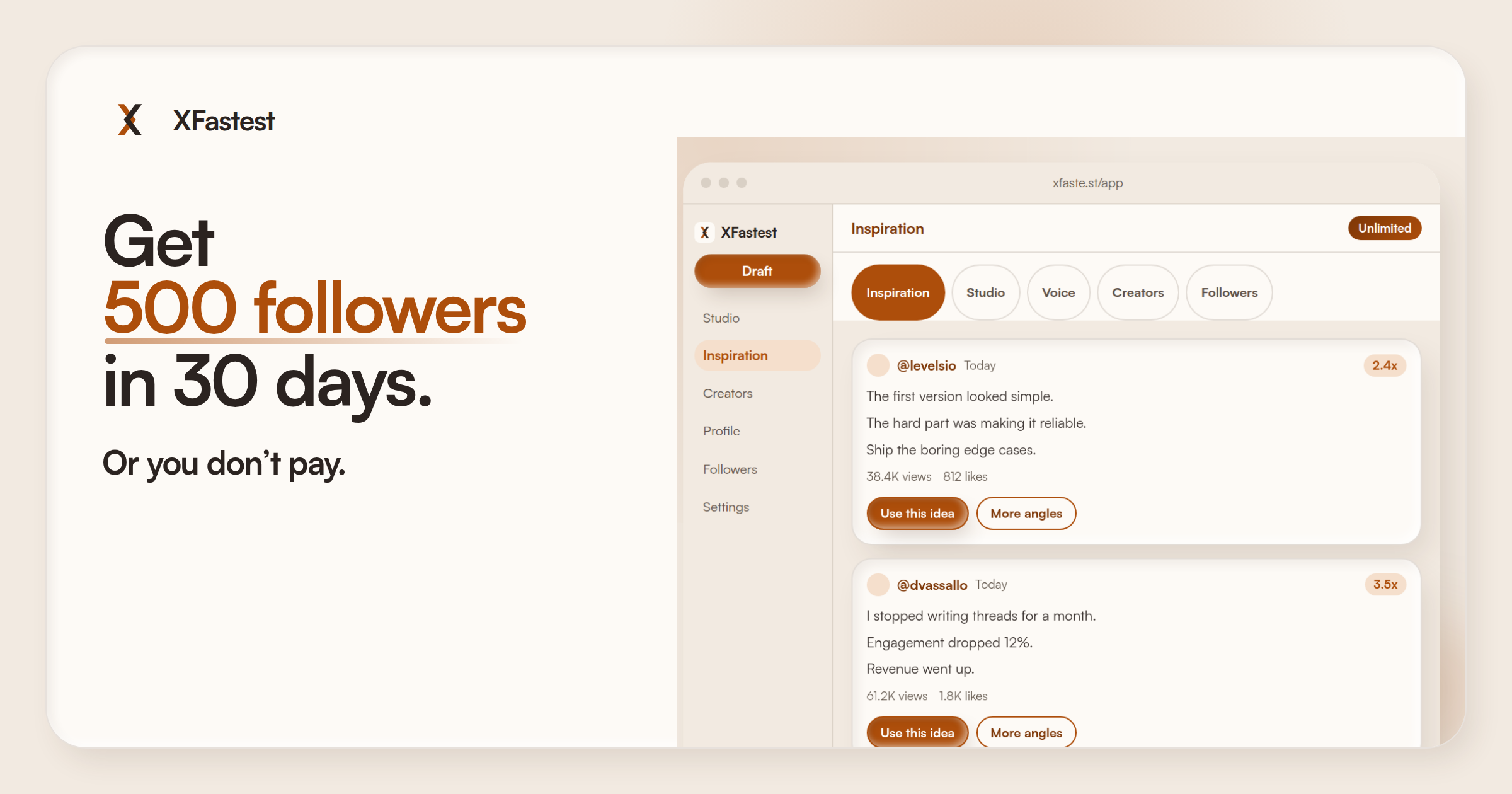 XFastest | 500 followers in 30 days — a writing workspace, not a follower shop screenshot 1